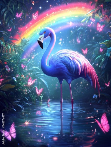 Magical flamingo in a dreamy twilight scene.