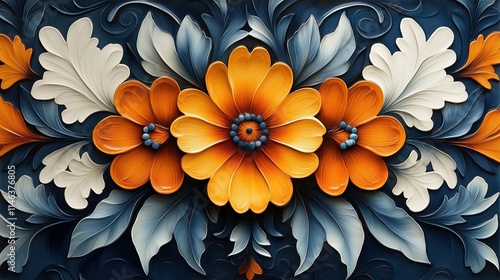 Wallpaper Mural Vibrant floral design featuring orange flowers and elegant foliage on a dark blue background Torontodigital.ca