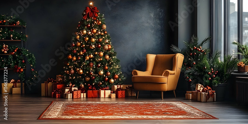 Wallpaper Mural Cozy Christmas Decor: Room Setup with Tree, Gifts, and Chair Torontodigital.ca