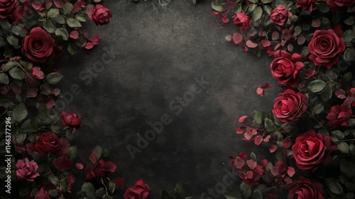 Fototapeta Naklejka Na Ścianę i Meble -  A collection of red roses elegantly arranged around a dark textured backdrop. The lush green leaves enhance the romantic atmosphere, making it ideal for various celebrations and special events.