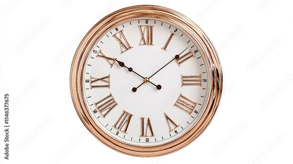Rose gold round wall clock with Roman numerals. Rose gold round wall clock with Roman numerals.