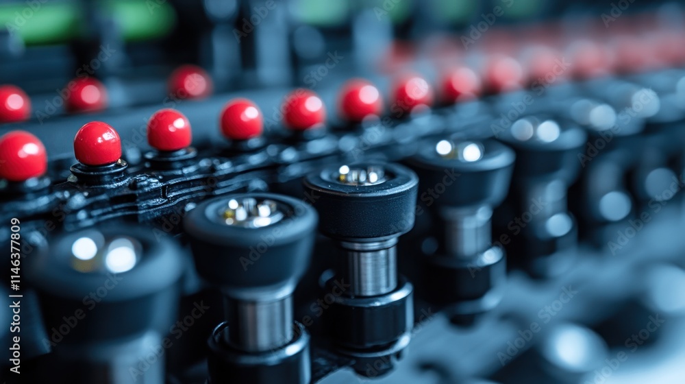 Close-up of mechanical components with red accents, likely from a machinery or engine system. Close-up of mechanical components with red accents, likely from a machinery or engine system.