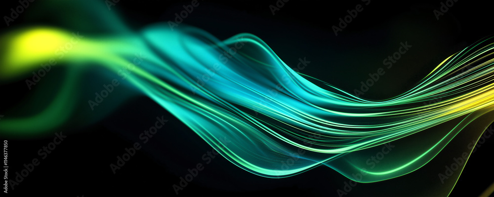 Fototapeta premium Vibrant abstract banner composition with glowing green and blue wavy lines on a black background. The soft glow and futuristic energy visualization make it ideal for digital technology.