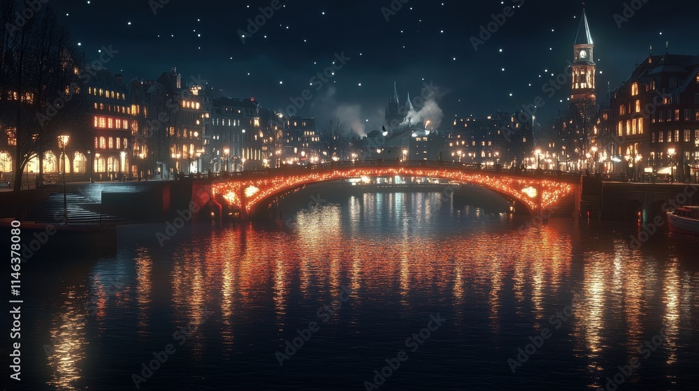 night view of illuminated city bridge and canal night view of illuminated city bridge and canal