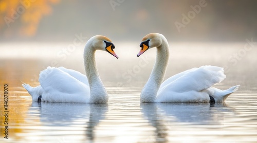 Fototapeta Naklejka Na Ścianę i Meble -  Two beautiful white swans swimming in a pond.