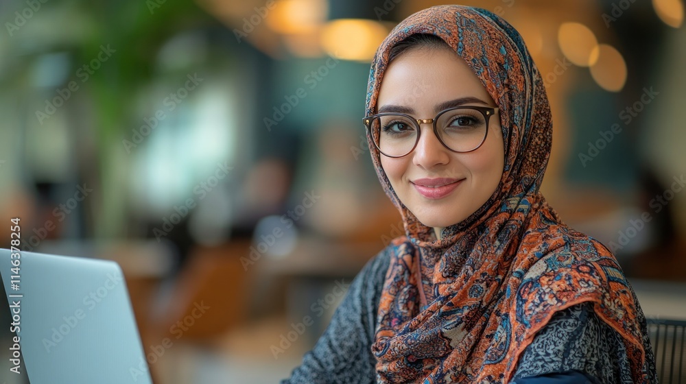 Smiling woman in hijab using laptop. Smiling woman in hijab using laptop.