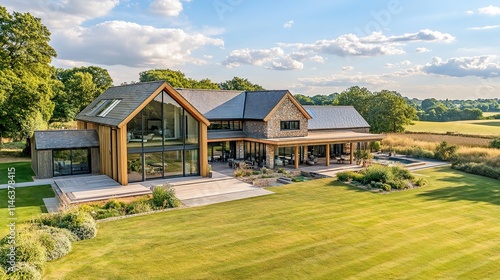 A luxury countryside retreat with modern architecture, beautiful gardens, and vast open spaces for relaxation