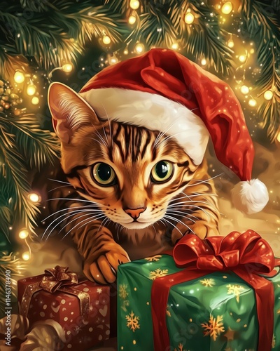 Festive bengal cat in santa hat holiday celebration christmas party indoor setting whimsical concept