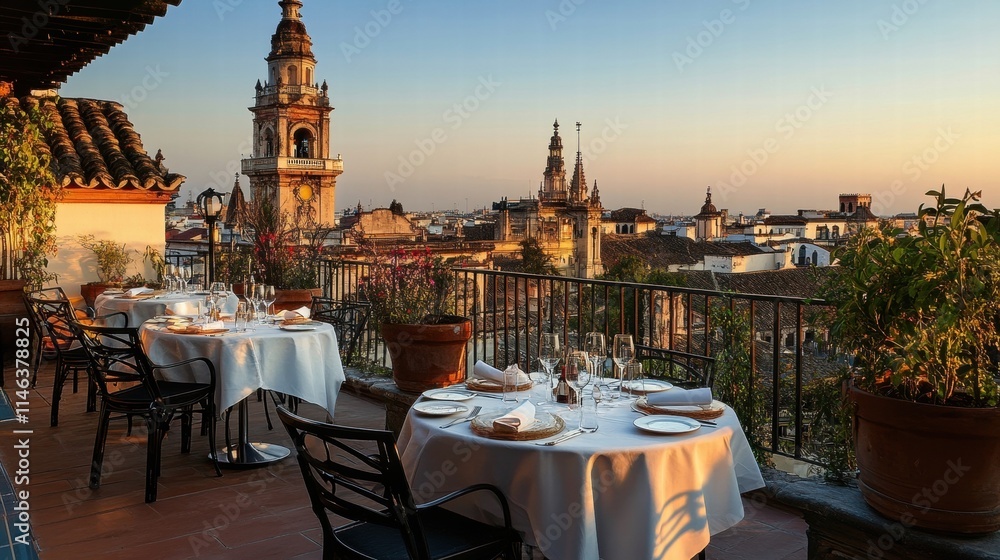 Obraz premium romantic rooftop dinner seville spain sunset view