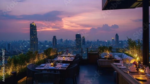 rooftop restaurant bangkok cityscape sunset dinner photo