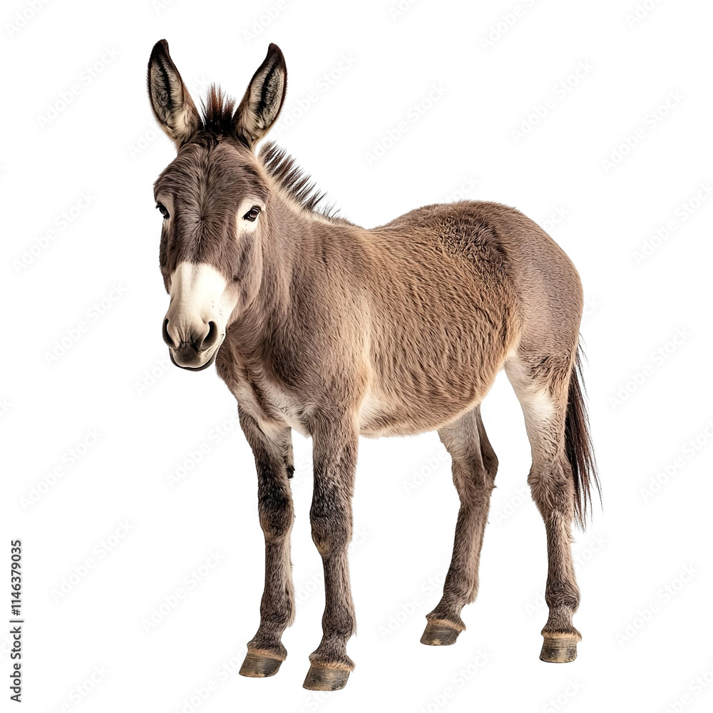 Angled view full body shot of extremely perfect looking single Donkey animal isolated on a white transparent background Angled view full body shot of extremely perfect looking single Donkey animal isolated on a white transparent background