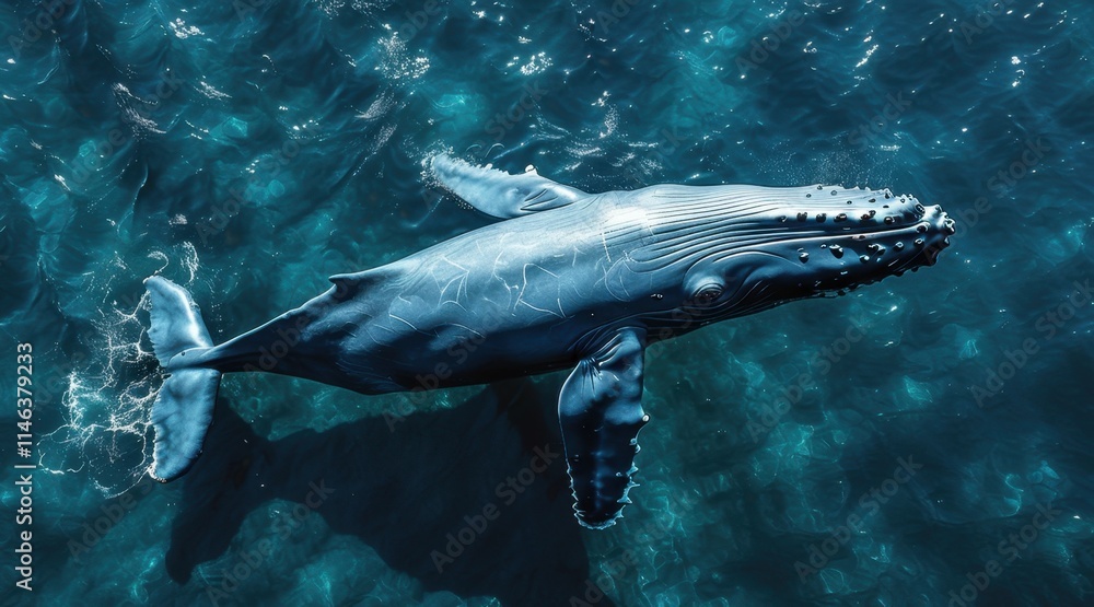 Aerial View of a Blue Whale in the Open Ocean . Aerial View of a Blue Whale in the Open Ocean .