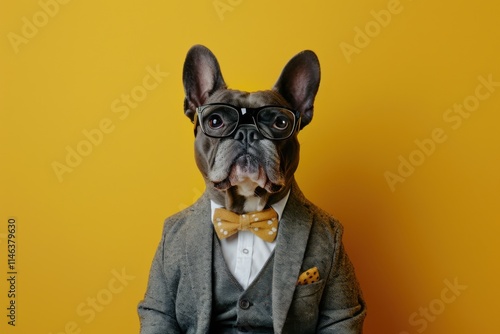 There is a dog wearing a suit and glasses on a yellow background, animal background