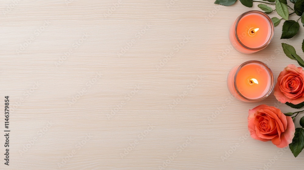 A charming Valentine's Day table decorated with glowing candles and tender pink roses. A charming Valentine's Day table decorated with glowing candles and tender pink roses.