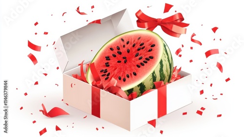 A watermelon half is presented inside an open gift box adorned with a red ribbon and bow. Red confetti and streamers surround the box, creating a festive atmosphere.