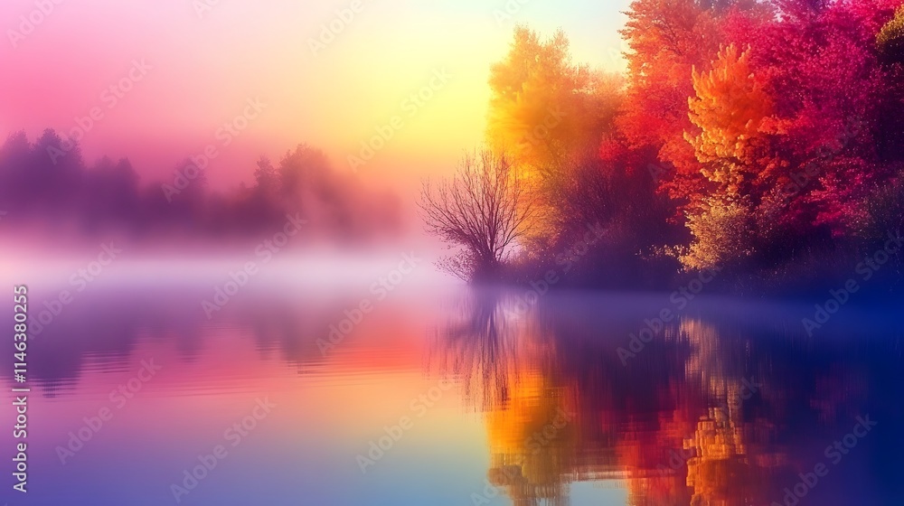 Calm lake reflecting the colors of dawn with fog gently lifting symbolizing a new start Calm lake reflecting the colors of dawn with fog gently lifting symbolizing a new start