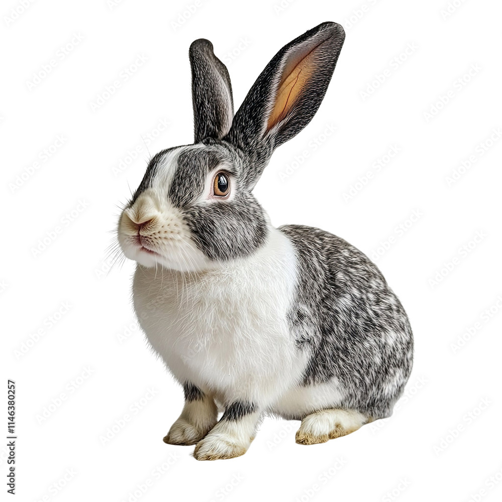 Fototapeta premium Angled view full body shot of extremely perfect looking single Dutch Rabbit animal isolated on a white transparent background