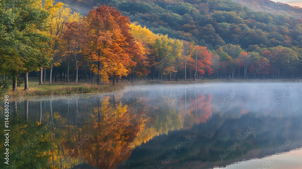 Naklejka premium Calm lake reflecting the colors of dawn with fog gently lifting symbolizing a new start