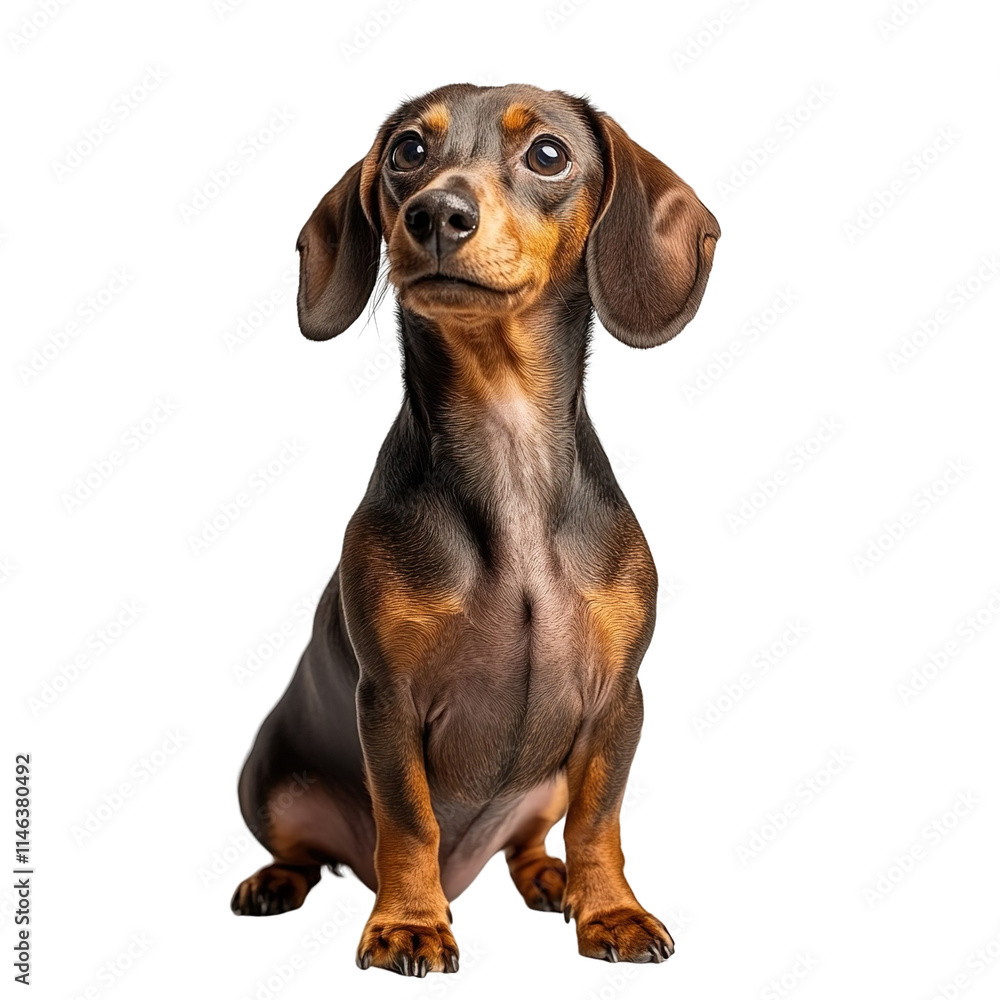 Angled view full body shot of extremely perfect looking single Dachshund animal isolated on a white transparent background Angled view full body shot of extremely perfect looking single Dachshund animal isolated on a white transparent background