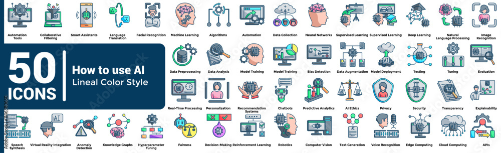 How to use AI 50 icon set in lineal color style How to use AI 50 icon set in lineal color style