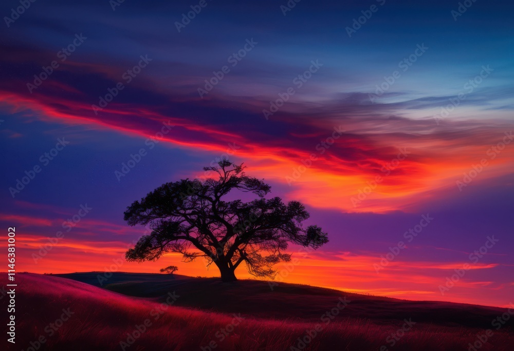 serene dusk landscape featuring vibrant silhouettes explosive colors sky over calm horizon, sunset, evening, twilight, nature, light, panorama, beauty serene dusk landscape featuring vibrant silhouettes explosive colors sky over calm horizon, sunset, evening, twilight, nature, light, panorama, beauty