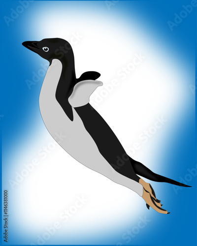 Penguin jumping on a blue and white background.