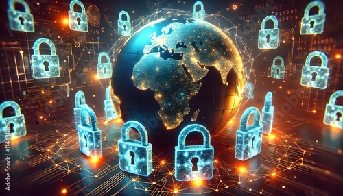 Wallpaper Mural Secure Globe: A Digital Representation Surrounded by Cybersecurity Locks Torontodigital.ca