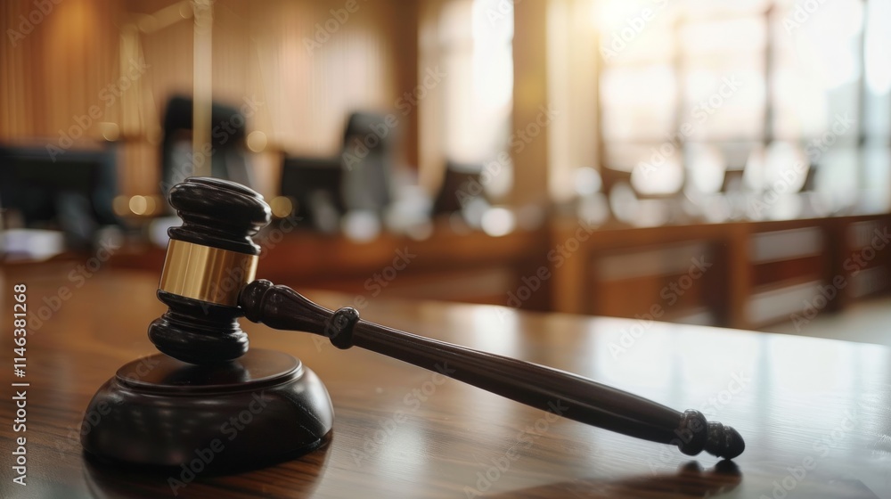 Gavel on judge's bench in courtroom. Gavel on judge's bench in courtroom.