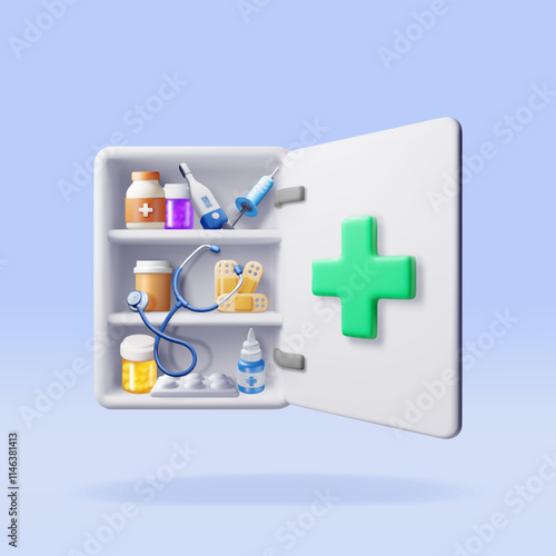 3d medicine cabinet isolated. Render medical collection. Spray pills, first aid kit, thermometer, syringe. Shelves with drugs bottles and blisters. Healthcare hospital and medical. Vector illustration