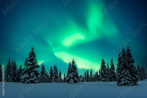 Fairy winter mountains with snowy fir-trees and incredible Northern lights in starry sky. Christmas nightscape with Polar lights. Aurora Borealis