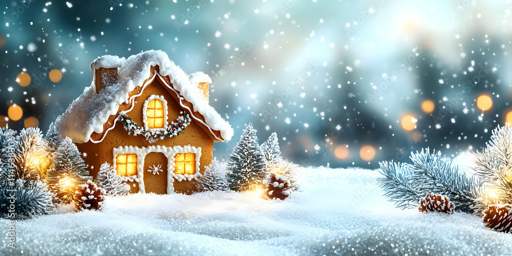 Gingerbread House in Snowy Winter Wonderland Scene Gingerbread House in Snowy Winter Wonderland Scene