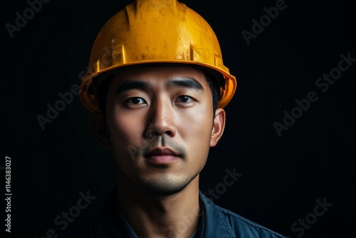 Determined Asian Engineer in Hard Hat photo