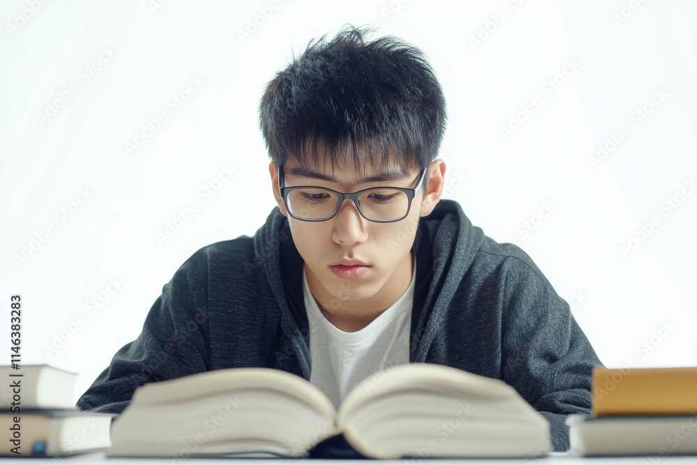 Focused Asian Student Studying with Books Focused Asian Student Studying with Books