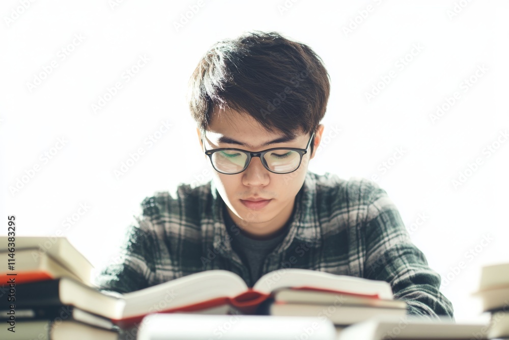 Focused Asian Student Studying with Books Focused Asian Student Studying with Books