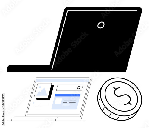 Laptop computer, displayed web, v11 page, and dollar coin implying digital earnings. Ideal for online work, e-commerce, web, v11 design, freelancing, internet marketing, financial technology startup