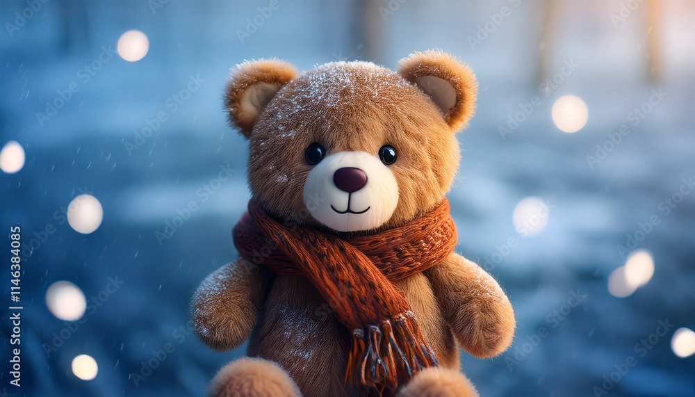 温かそうなマフラーを巻いた可愛いクマのむいぐるみ、寒そうな背景、キュートなアクセント、イラスト風に仕上げる Generated by AI