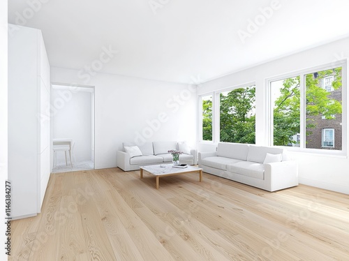 Wallpaper Mural A chic, minimalist studio apartment bathed in natural light and furnished with neutral colors. Torontodigital.ca