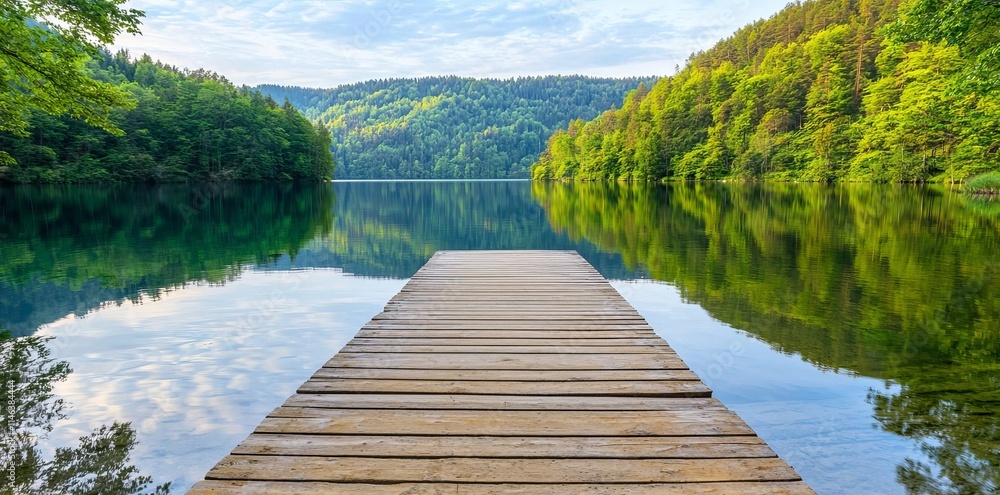 A serene environment: an empty wooden pier reaches into a quiet lake, embraced by dense greenery, offering a perfect spot for mindfulness, yoga, and mental wellness, enhancing a lifestyle of peaceful A serene environment: an empty wooden pier reaches into a quiet lake, embraced by dense greenery, offering a perfect spot for mindfulness, yoga, and mental wellness, enhancing a lifestyle of peaceful