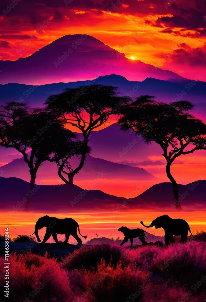 Fototapeta premium majestic wildlife silhouettes featuring various animals stunningly vibrant sunset filled rich colors breathtaking natural beauty, nature, sky, horizon