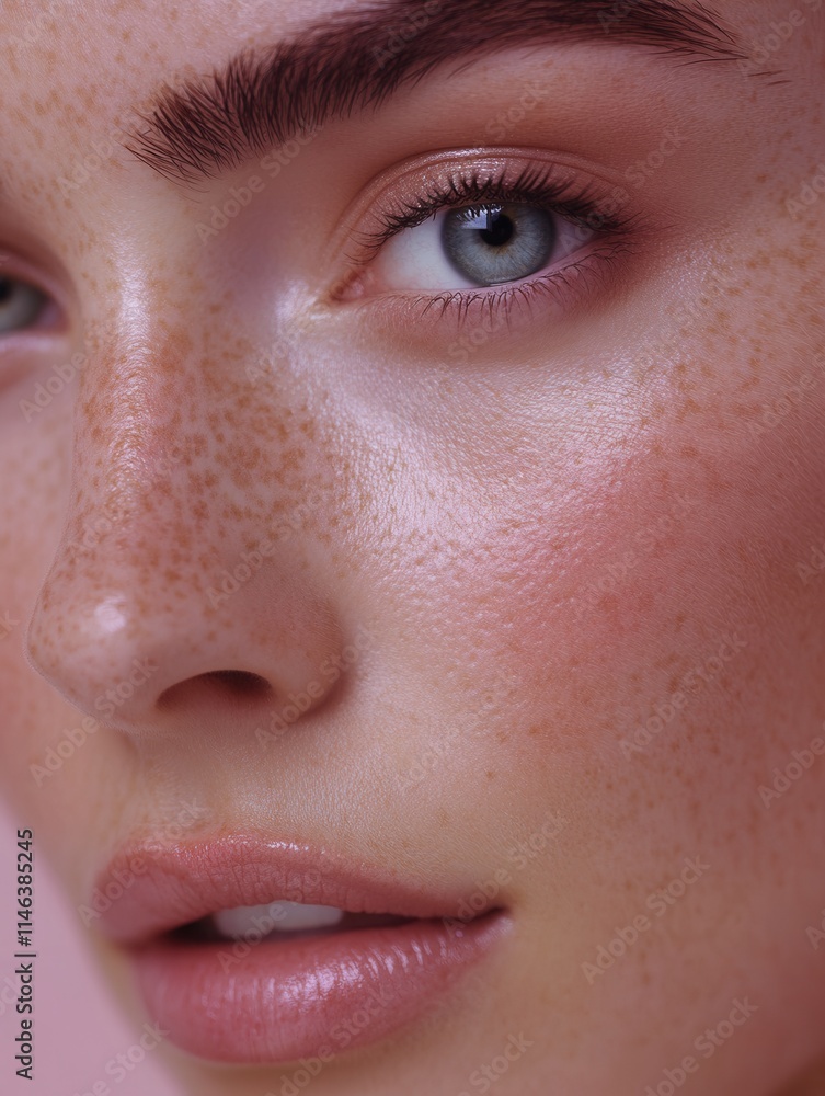 Obraz premium Beautiful close-up of a young woman with clear skin, striking blue eyes, and a natural look against a soft pink background highlighting her freckles and subtle makeup