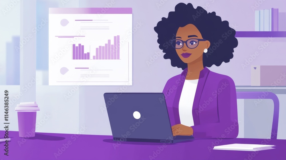 Professional Woman Working on Laptop in Modern Office with Graphs and Charts in Background Professional Woman Working on Laptop in Modern Office with Graphs and Charts in Background