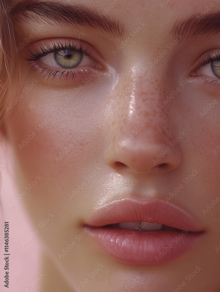 Naklejka premium Close-up of a young woman with striking green eyes and natural makeup against a soft pink background showcasing her radiant skin and subtle freckles during daylight