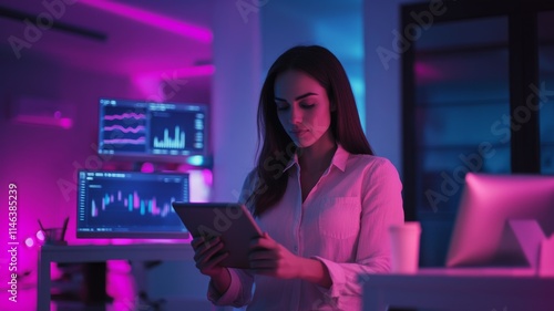 Young Professional Woman Analyzing Data on Tablet in Modern Office with Neon Lighting and Multiple Computer Screens