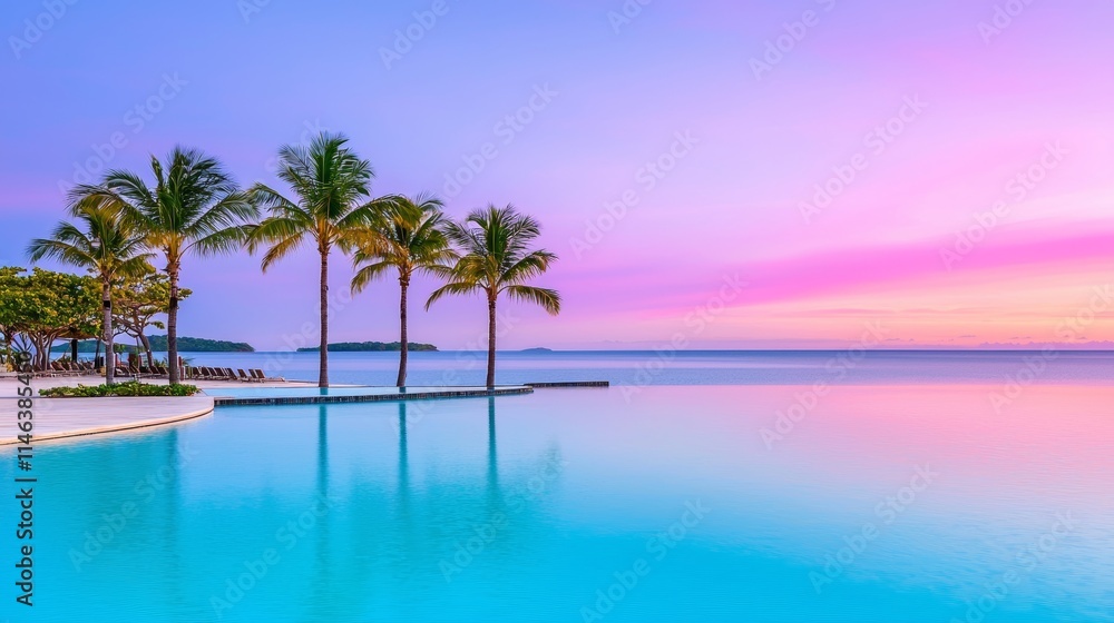 Obraz premium A calm tropical sanctuary with beautiful bungalows that face a sparkling pool, enveloped in the golden rays of a setting sun.