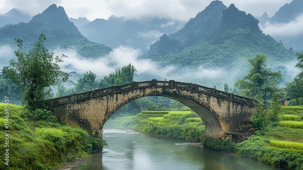 Nestled in a mountainous region, an ancient rice bridge crosses a serene river Nestled in a mountainous region, an ancient rice bridge crosses a serene river