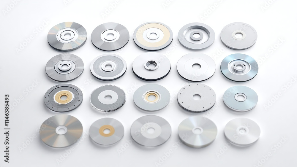 Collection of various diamond disks arranged neatly on a white background. Collection of various diamond disks arranged neatly on a white background.