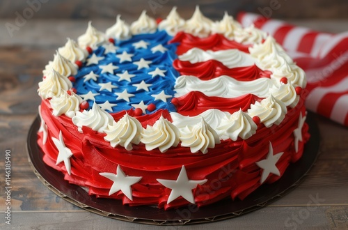 Festive cake decorated with red, white, and blue frosting resembling the American flag for Independence Day celebration photo