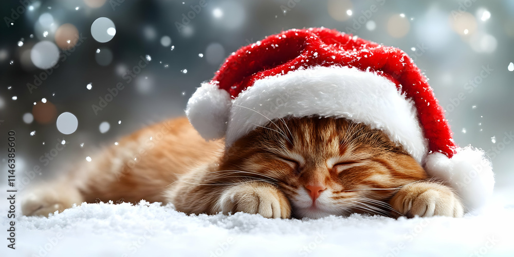 Ginger Kitten Sleeps in Santa Hat, Winter Snow Ginger Kitten Sleeps in Santa Hat, Winter Snow