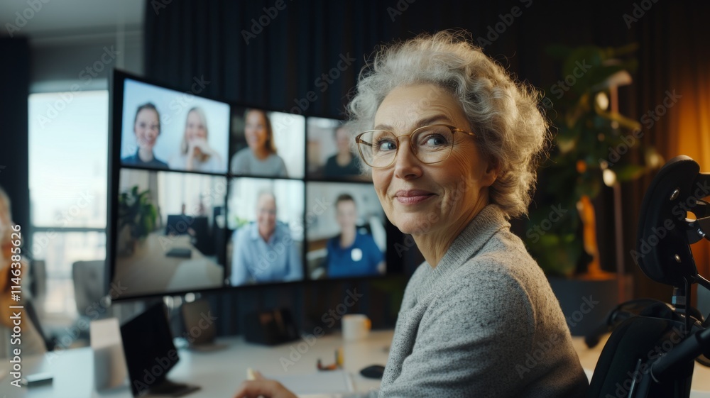 Senior Woman Engaging in Virtual Meeting from Home Office with Multiple Colleagues on Screen Senior Woman Engaging in Virtual Meeting from Home Office with Multiple Colleagues on Screen