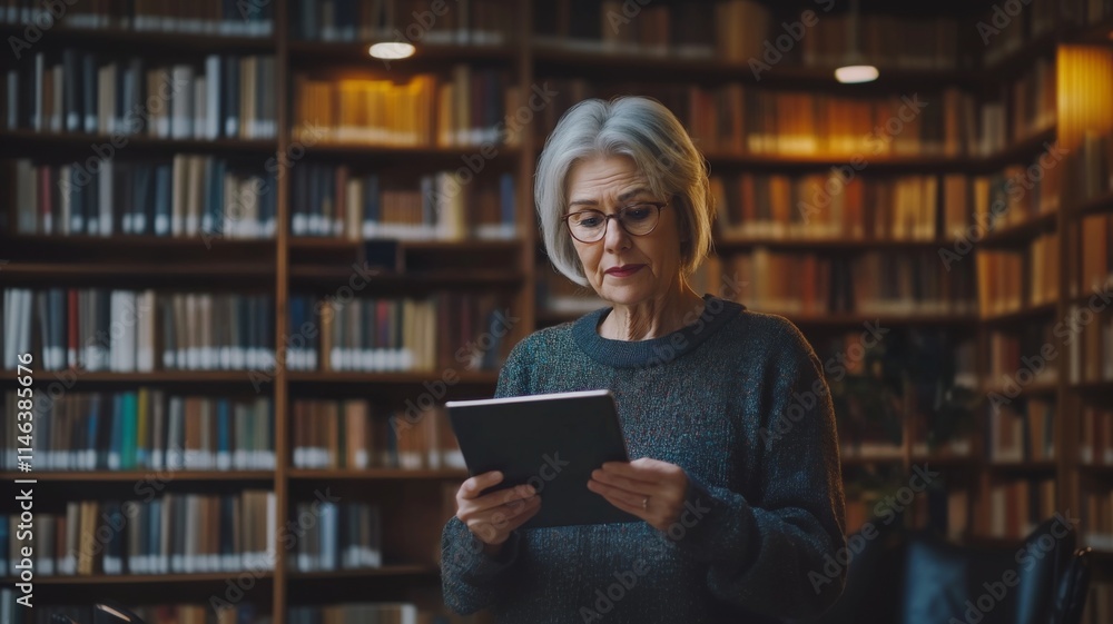 Senior Woman Reading on Tablet in Cozy Library with Shelves Full of Books and Warm Lighting Senior Woman Reading on Tablet in Cozy Library with Shelves Full of Books and Warm Lighting